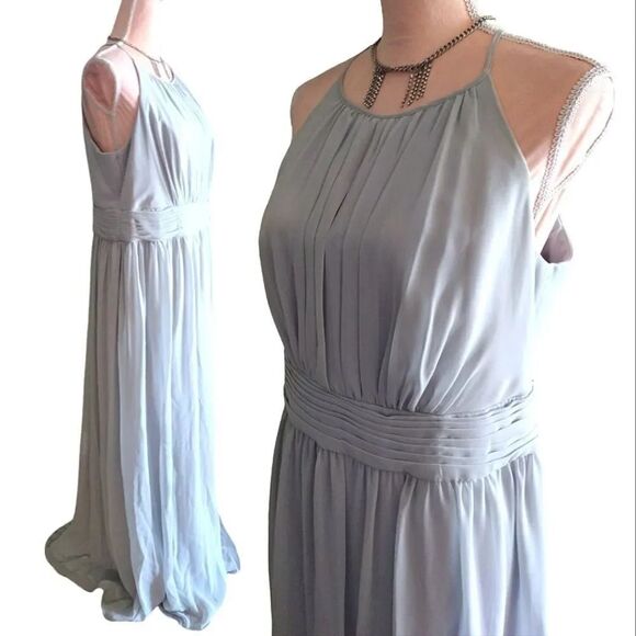 David's Bridal Grey High Neck Chiffon Formal Maxi Dress w/ Keyhole Plussize 16 - Picture 13 of 16